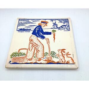 Vintage Dutch Boy Tile Trivet Harvesting Carrots Rabbits